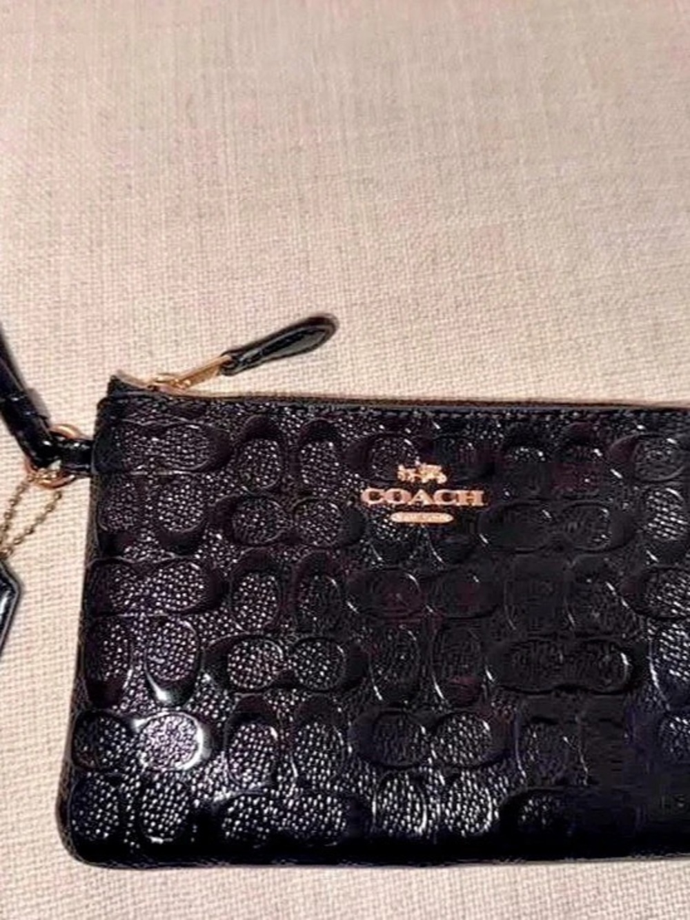 Coach Signature Debossed Patent Leather Corner Zip Wristlet Black